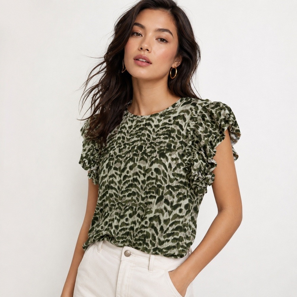 Les Serein Abbis Short Sleeve Top Olive Green Animal Print Ruffle M NWT